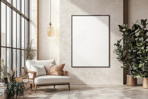 Poster Frame in Beige minimalist living room interior created with generative AI