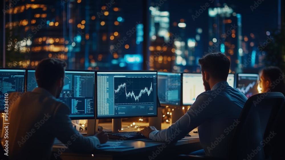 Fototapeta premium Three professionals analyze stock market trends using multiple computer monitors in a bustling city office at night