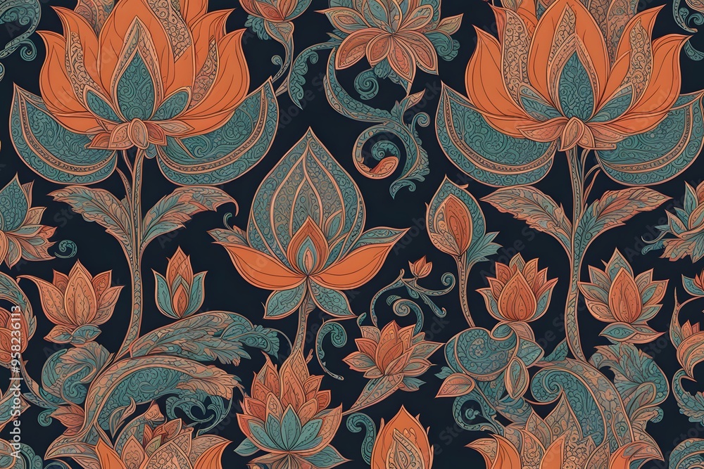A traditional indian floral pattern with stylized lotus flowers and paisley motifs, AI generated A traditional indian floral pattern with stylized lotus flowers and paisley motifs, AI generated
