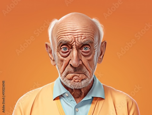 Peach background sad european white man grandfather realistic person portrait older person beautiful bad mood old man Isolated on Background  photo