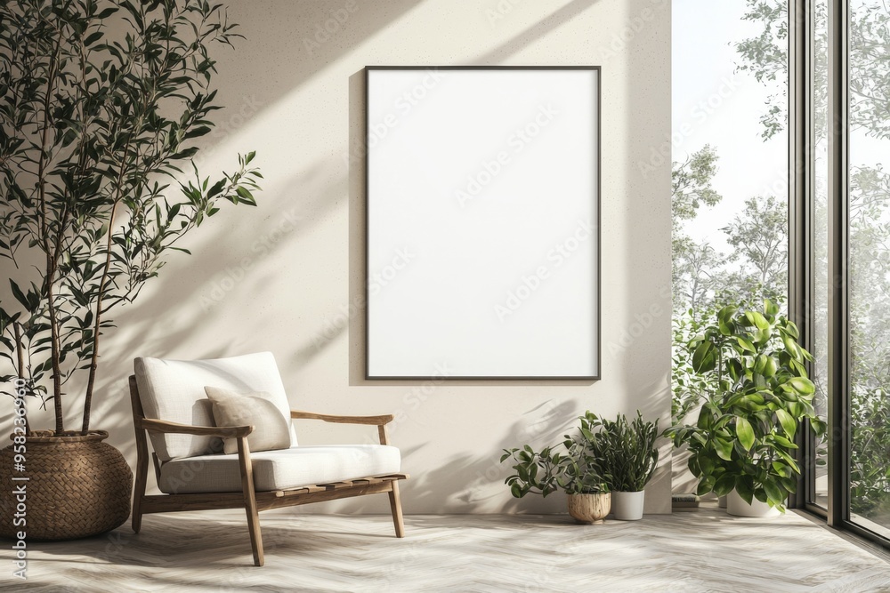 Poster Frame in Beige minimalist living room interior created with generative AI Poster Frame in Beige minimalist living room interior created with generative AI