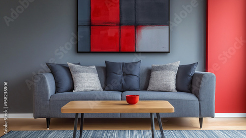 A minimilistic interior of room with white red and grey colours and sofa photo