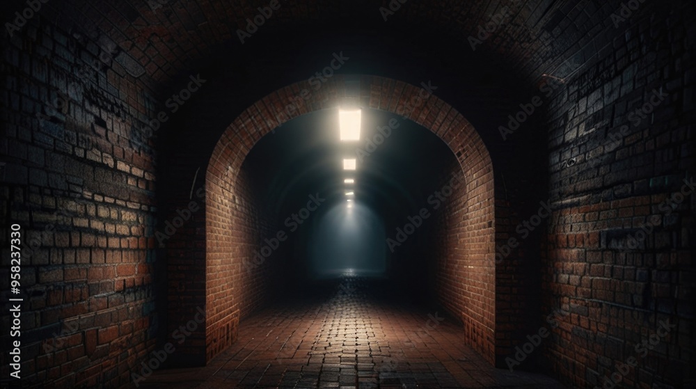 a Dark Brick Long tunnel with a light at the end a Dark Brick Long tunnel with a light at the end