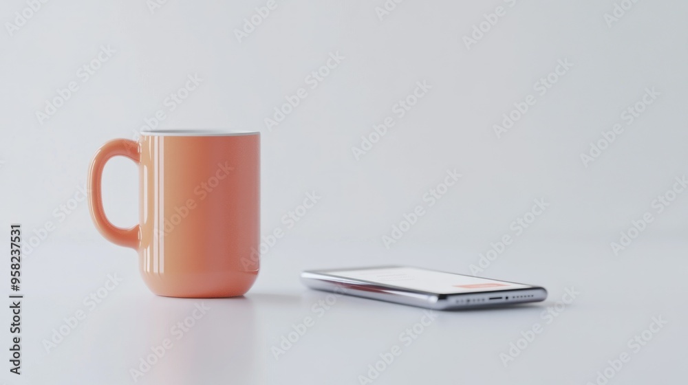 An Orange Mug and a Smartphone on a White Table An Orange Mug and a Smartphone on a White Table