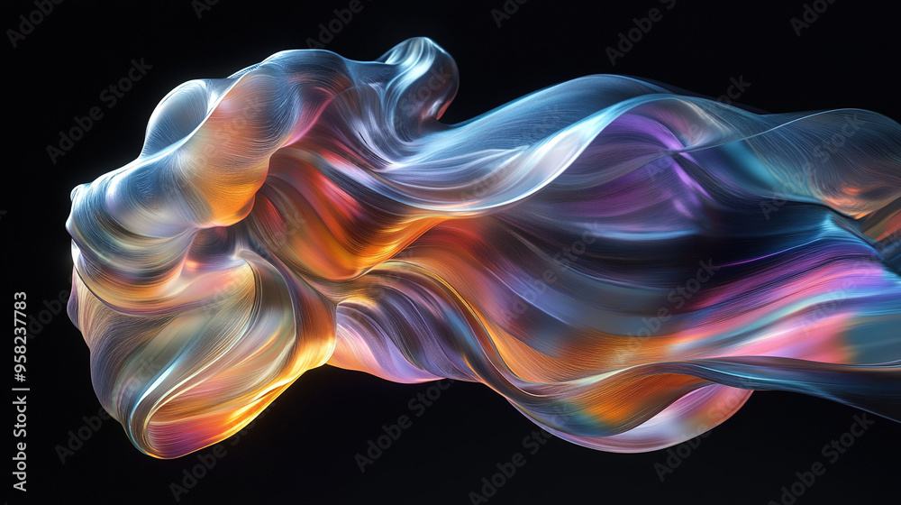 Close up shot of rainbow colored holographic liquid metal on black background, showing abstract distorted futuristic fluid organic shapes, design material Close up shot of rainbow colored holographic liquid metal on black background, showing abstract distorted futuristic fluid organic shapes, design material