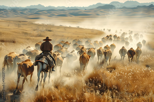 A man on a horse grazing in a pasture photo