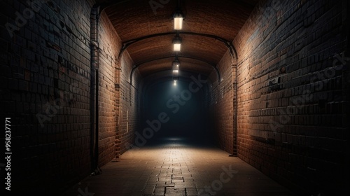 a Dark Brick Long tunnel with a light at the end photo