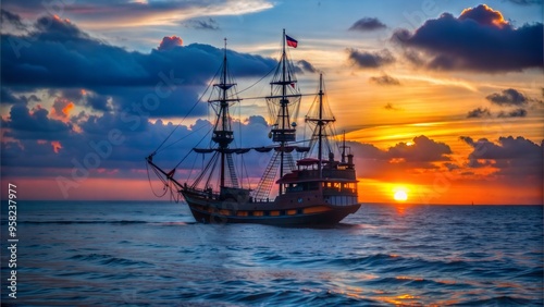  pirate ship sailing in sunset.