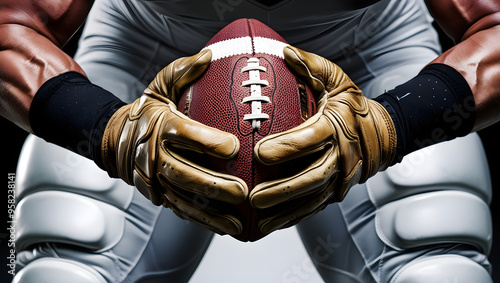 A Close-up of a Football Player's Gloved Hands Gripping the Ball Tightly (Football Player). photo