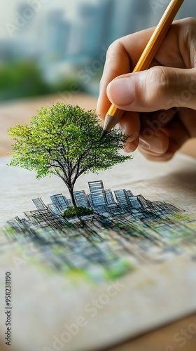 Hand Drawing a Green Tree Growing Out of a City Skyline Illustration