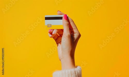 Mockup image of a hands holding credit card and a black mobile phone