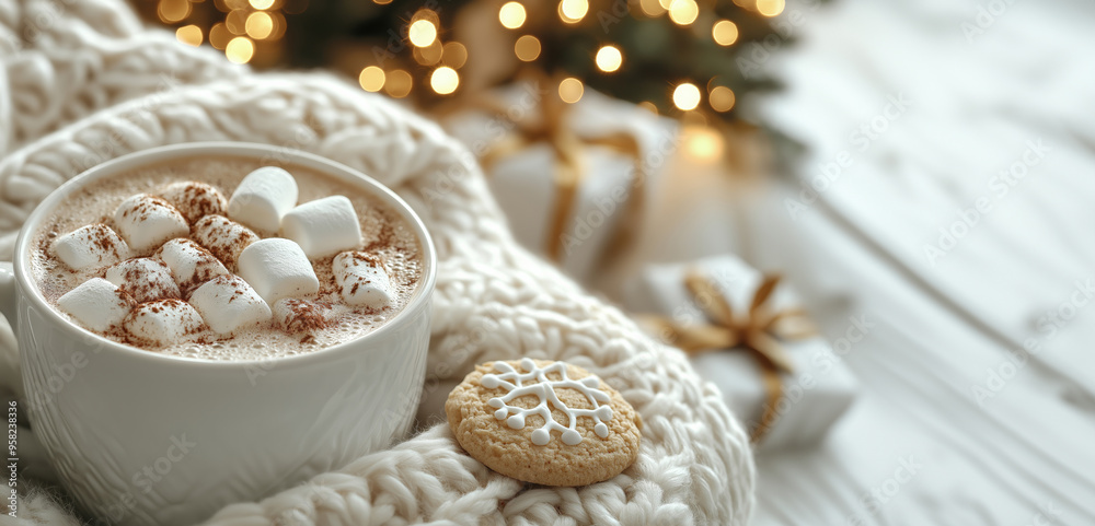 Cup of hot chocolate, marshmallows, cookies Cup of hot chocolate, marshmallows, cookies