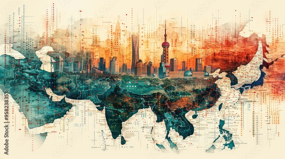 Fototapeta premium Illustration Of China Landmarks, Generative AI