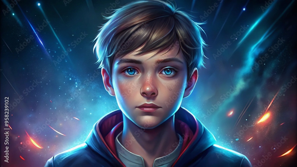 A striking digital portrait of a boy with intense blue eyes, set against a futuristic, glowing background. The dynamic lighting and dramatic atmosphere evoke strength, focus, and a sense of adventure. A striking digital portrait of a boy with intense blue eyes, set against a futuristic, glowing background. The dynamic lighting and dramatic atmosphere evoke strength, focus, and a sense of adventure.
