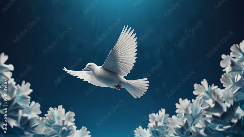White dove of peace among flowers on a blue background. White dove of peace among flowers on a blue background.