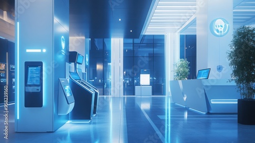 A high-tech neobank branch in a futuristic city, showcasing digital kiosks, AI customer service, and cashless transactions, sleek and modern design