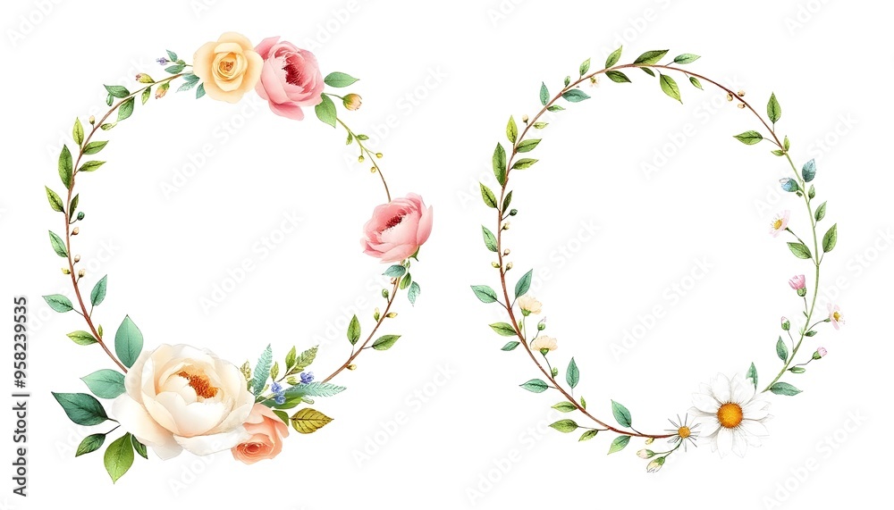 Delicate floral wreath with pink roses, white anemone flowers, and green leaves on a light background