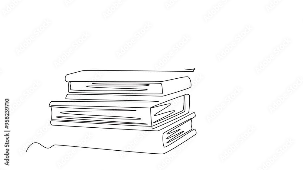 Self drawing animation of single line draw of ink and quill pen beside stack of books, on office desk. Old antique writing equipment for writer or student. Continuous line draw. Full length animated Self drawing animation of single line draw of ink and quill pen beside stack of books, on office desk. Old antique writing equipment for writer or student. Continuous line draw. Full length animated