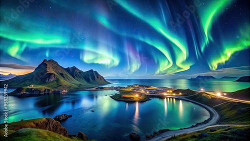 MYSTERIOUS ISLAND AURORA breathtaking shot of swirling blue and green Northern Lights above Heimaey's rugged landscape on a clear starry night photo