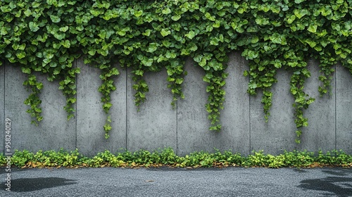 minimalist urban scene featuring a long concrete wall topped with lush hedge juxtaposed against a clean sidewalk and asphalt street perfect for text overlay