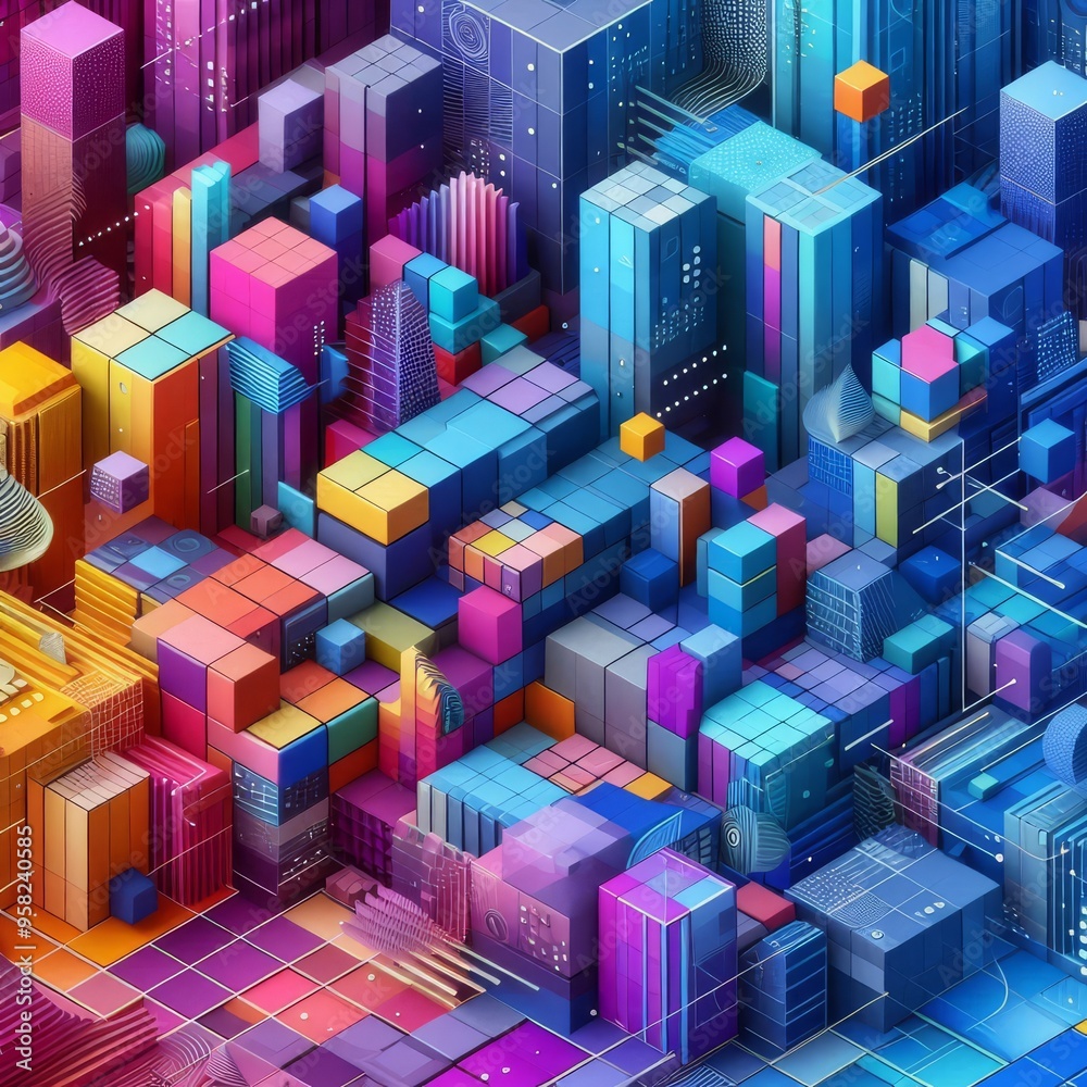A vibrant abstract background featuring colorful cubes and geometric patterns, with shades of blue and purple, creating a modern and artistic design
A vibrant abstract background featuring colorful cubes and geometric patterns, with shades of blue and purple, creating a modern and artistic design