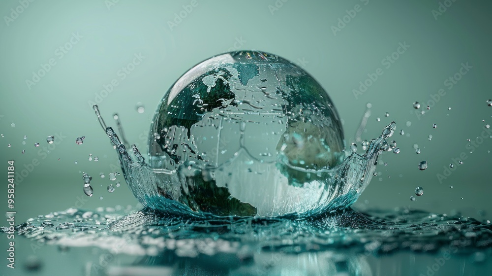 A glass globe splashing into clear water, creating a fresh and dynamic atmosphere. A glass globe splashing into clear water, creating a fresh and dynamic atmosphere.
