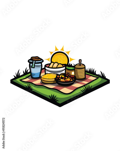 A picnic scene with food on a checkered blanket in the grass under a sunny sky.