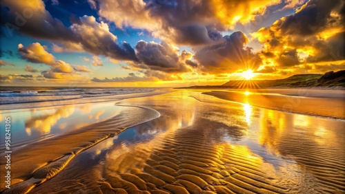 a photo image of warm golden light streaming across the serene sandy beach at low tidefall photo