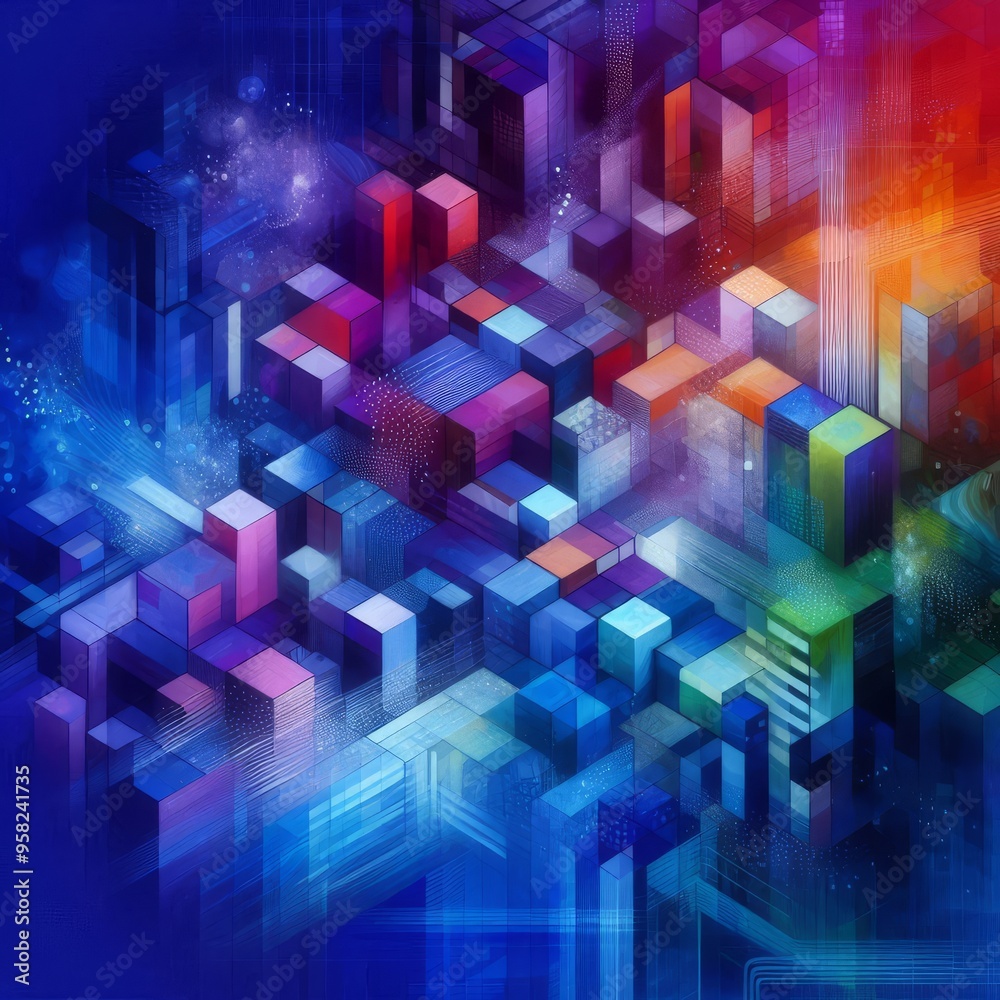 A vibrant abstract background featuring colorful cubes and geometric patterns, with shades of blue and purple, creating a modern and artistic design
A vibrant abstract background featuring colorful cubes and geometric patterns, with shades of blue and purple, creating a modern and artistic design
