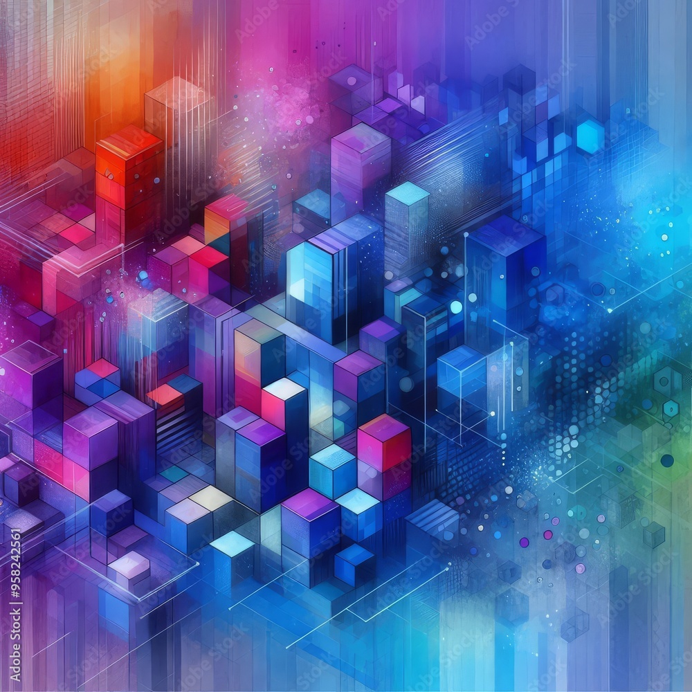 A vibrant abstract background featuring colorful cubes and geometric patterns, with shades of blue and purple, creating a modern and artistic design
A vibrant abstract background featuring colorful cubes and geometric patterns, with shades of blue and purple, creating a modern and artistic design