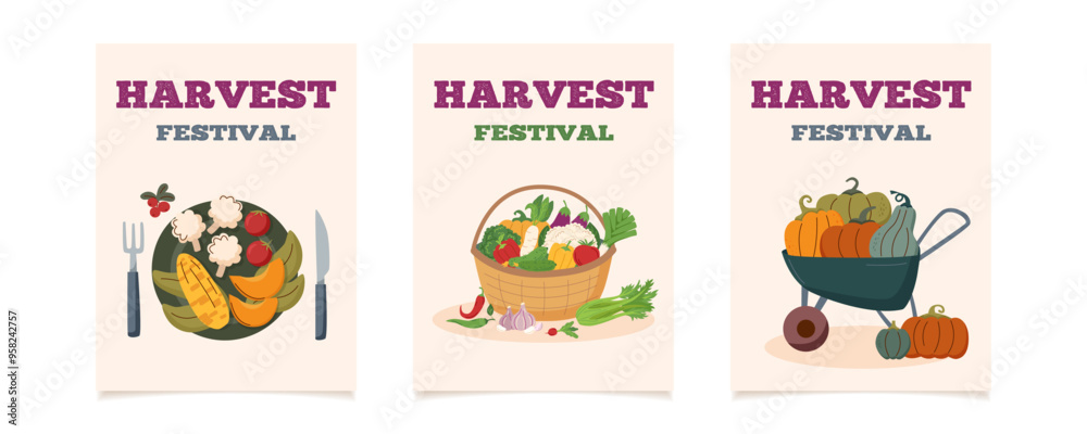 Fototapeta premium Set of harvest festival cards. Happy harvest posters. Autumn, harvest and Thanksgiving concept. 