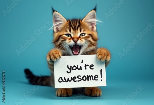 Compliment, congratulations and praise message. Funny cat cub holding in his feet a text note  