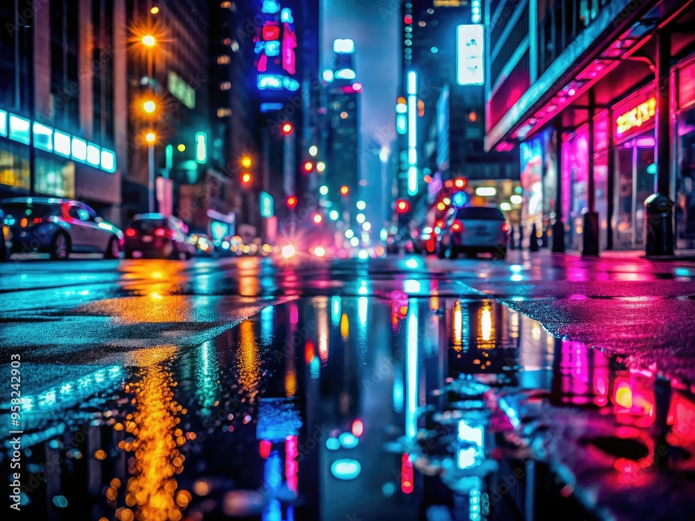 Moody urban silhouette, rainy cityscape, neon lights, dark reflective puddles, bold contrasting colors, cinematic tone, slow shutter speed, blurred motion Moody urban silhouette, rainy cityscape, neon lights, dark reflective puddles, bold contrasting colors, cinematic tone, slow shutter speed, blurred motion