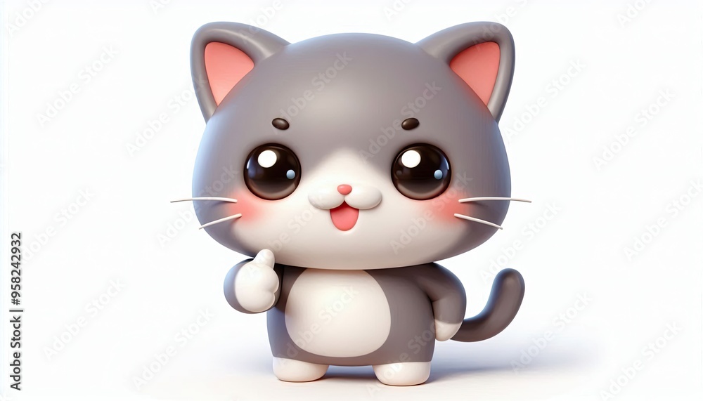3D Render of a Cartoon Cat with Thumbs Up and a Grey Color Scheme 3D Render of a Cartoon Cat with Thumbs Up and a Grey Color Scheme