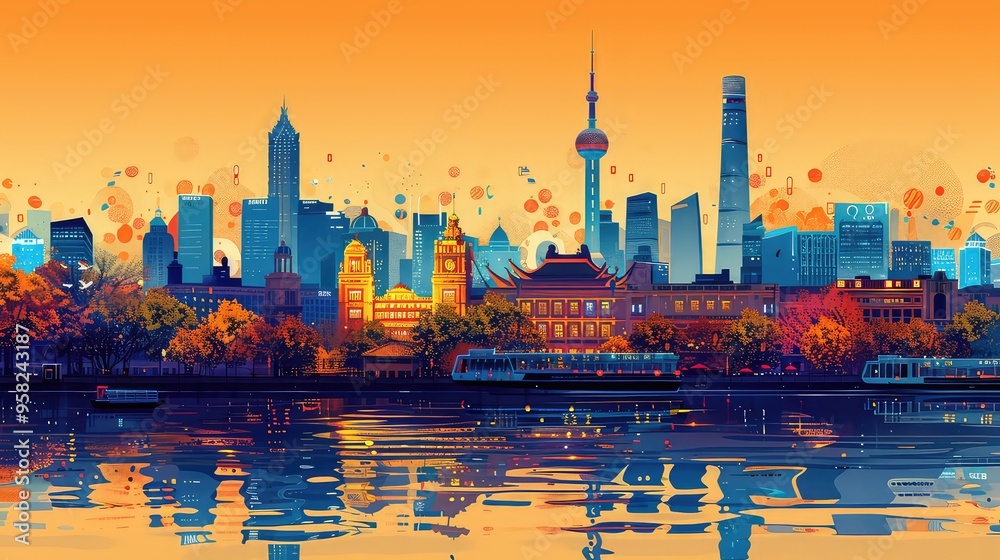 Fototapeta premium Illustration Of China Landmarks, Generative AI