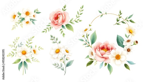 A floral wreath with pink and white flowers surrounded by greenery, with additional floral elements and leaves scattered throughout the image