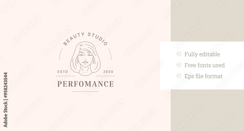 Romantic natural beauty young woman face line art logo design template vector illustration. Elegant feminine lady portrait minimalist linear logotype for coiffure cosmetic cosmetology brand shop