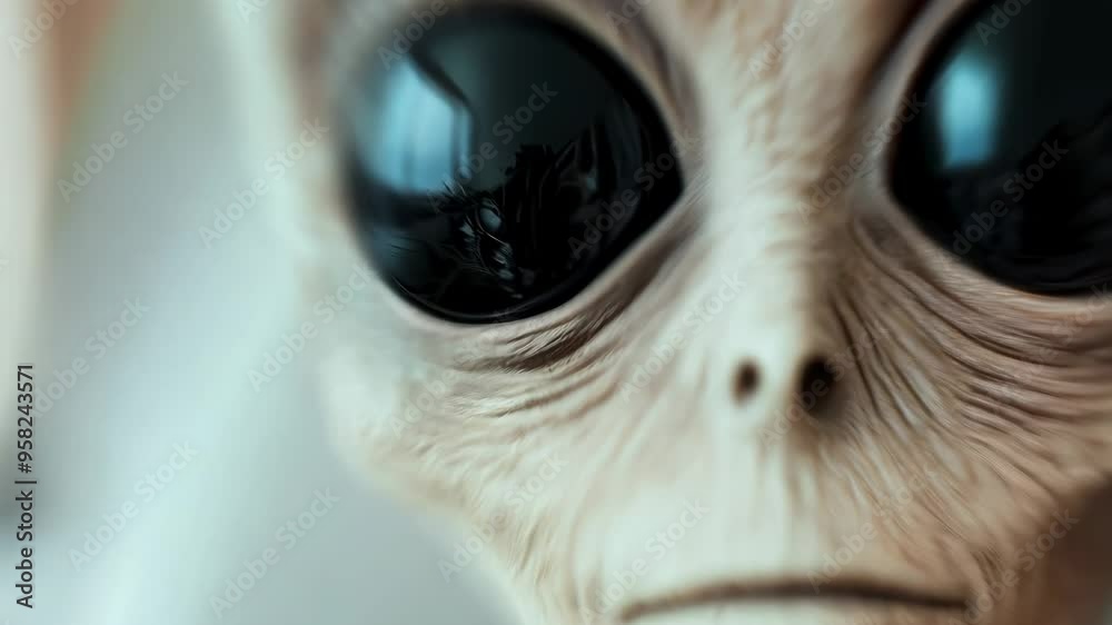 Close-up of a humanoid alien with large black eyes, perfect for sci-fi themes, Halloween celebrations, and extraterrestrial concepts Close-up of a humanoid alien with large black eyes, perfect for sci-fi themes, Halloween celebrations, and extraterrestrial concepts