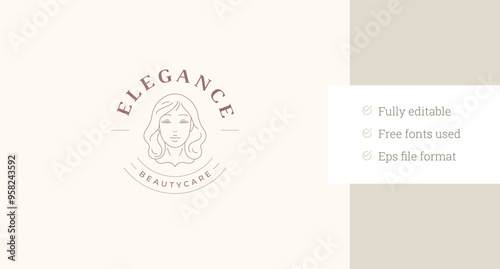 Female face beauty care circle minimalist line art logo design template vector illustration. Woman portrait elegant linear logotype for cosmetology beautician skin cosmetic brand shop store