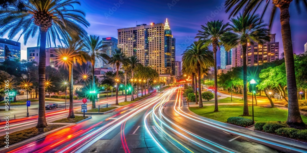 surreal long exposure shot of orlando's thornton park district during nighttime with blurred motion of cars and neon lights surreal long exposure shot of orlando's thornton park district during nighttime with blurred motion of cars and neon lights