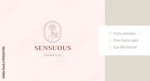 Elegant feminine hand with flower in frame line art logo design template vector illustration. Beautiful woman arm holding floral botany herb minimalist linear logotype for skin care cosmetic brand