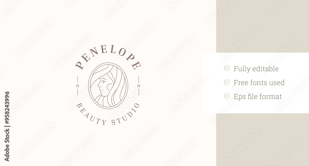Beautiful young woman face with hair circle line art logo design template for coiffure vector illustration. Elegant feminine lady portrait minimalist linear logotype for skin care beauty salon brand