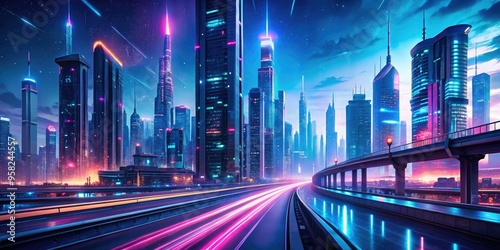 cyberpunk highway neon lights futuristic cityscape sci-fi atmosphere high-tech modern architecture speed motion blur dystopian world futuristic society