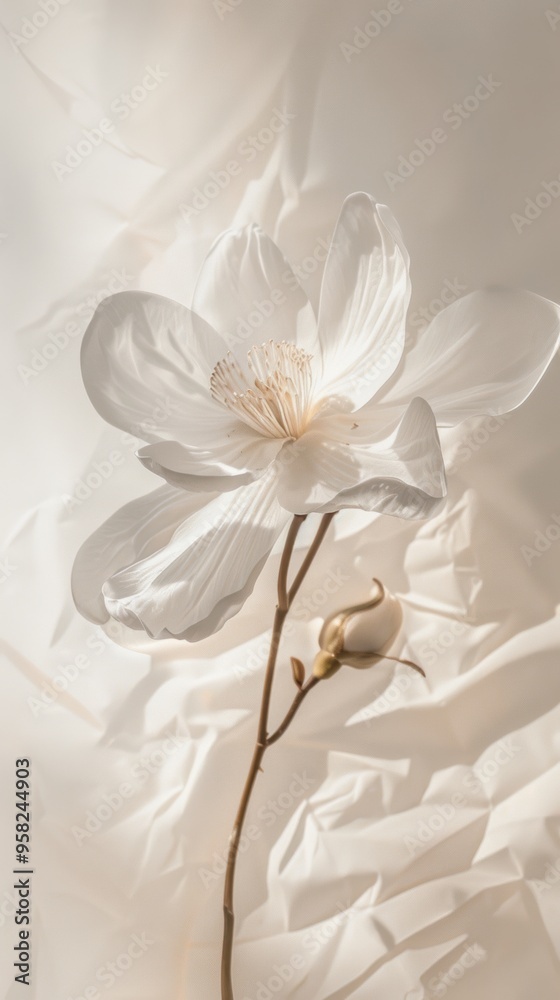 Obraz premium Creamy white flowers, pale patterned background, copy space, wedding concept.