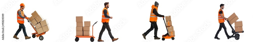 On a transparency background, a heroic postal worker pushes a dolly with packages wearing a safety vest and hat On a transparency background, a heroic postal worker pushes a dolly with packages wearing a safety vest and hat