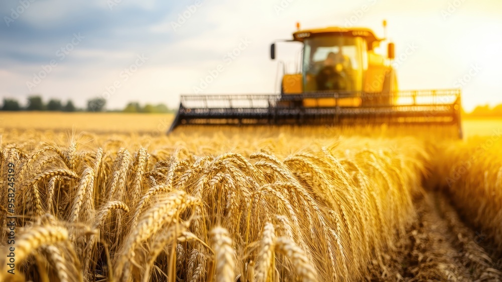 Fototapeta premium Golden Wheat Field with Modern Combine Harvester at Sunset During Harvest Season
