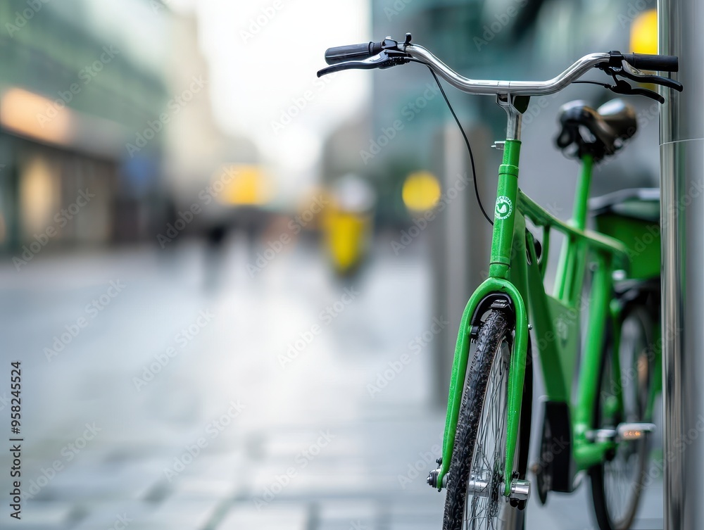 Green Bicycle Parked on Urban Street with Blurred Background in Modern Cityscape Green Bicycle Parked on Urban Street with Blurred Background in Modern Cityscape