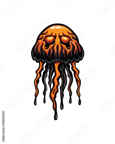 A cartoon illustration of a jelly-like orange monster with tentacles, its body pulsating.