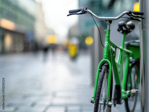 Green Bicycle Parked on Urban Street with Blurred Background in Modern Cityscape photo