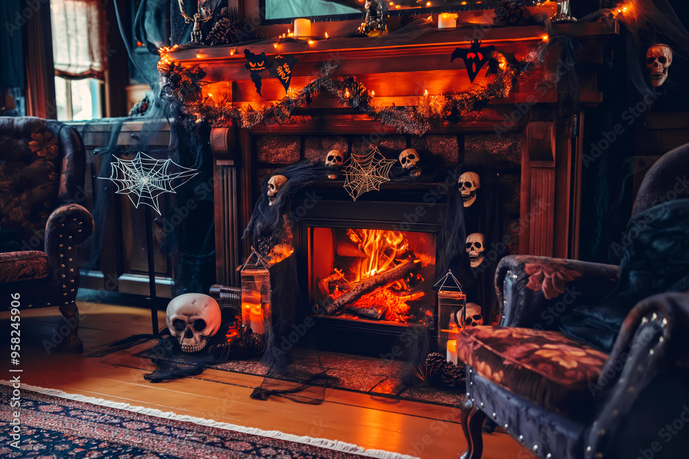 A Halloween-themed living room with a roaring fireplace, decorated with cobwebs, skulls, and a garland of black and orange. A Halloween-themed living room with a roaring fireplace, decorated with cobwebs, skulls, and a garland of black and orange.